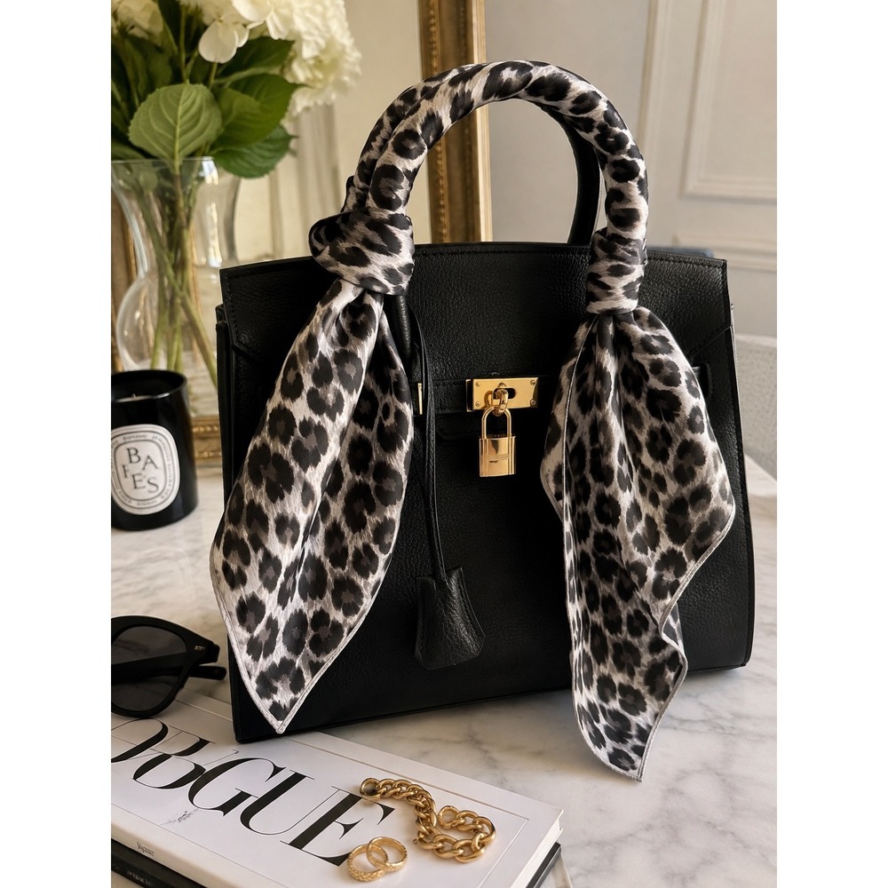 Leopard Print Square Scarf 26" Black Gray Animal Print Satin Feel Y2K